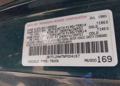 1992 Dodge Ram 50 from USA, damaged, VIN JB7FL24W7NP004167